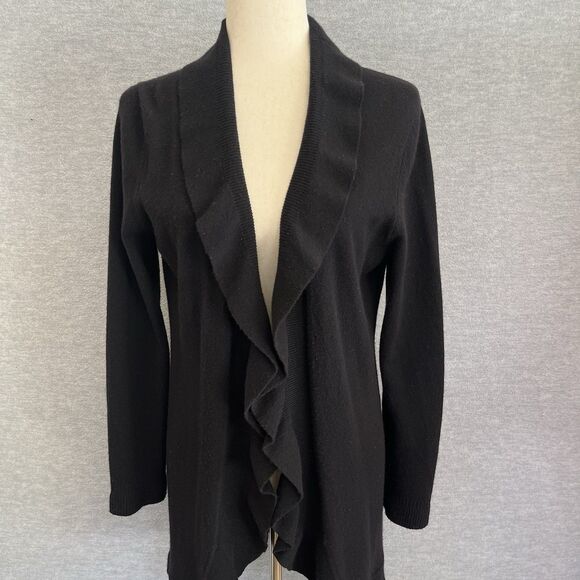 Peck & Peck Wool Cashmere Cardigan Sweater Size M Black Ruffles Frills Longline - Picture 3 of 12